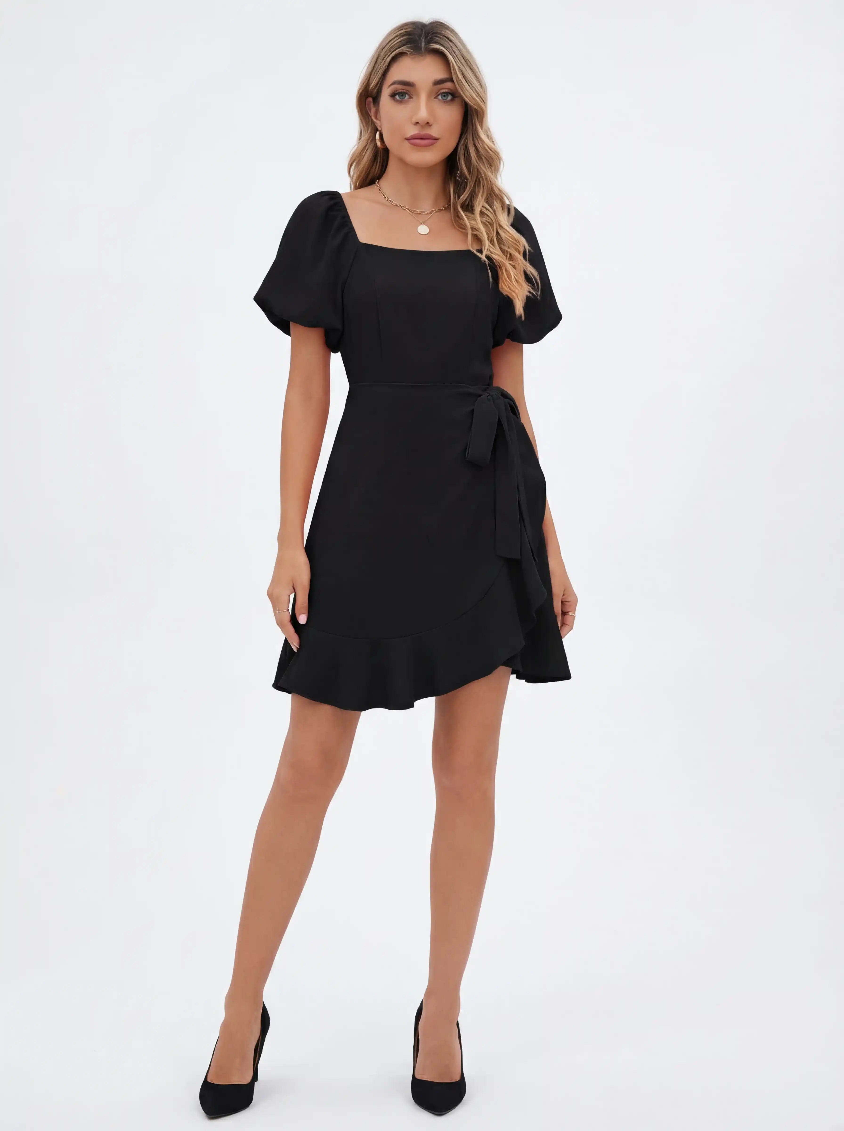 Sabrina™ | Vestido con Cuello Cuadrado y Lazo en Cintura
